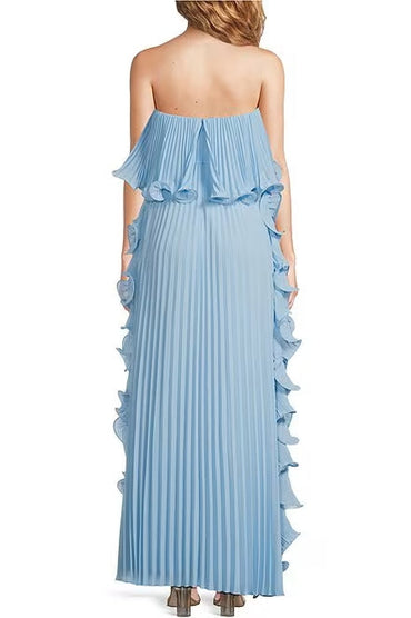Badgley Mischka Strapless Back Concealed Zip Hook Ruffled Pleated Chiffon Shift Gown Silhouette Dress-1
