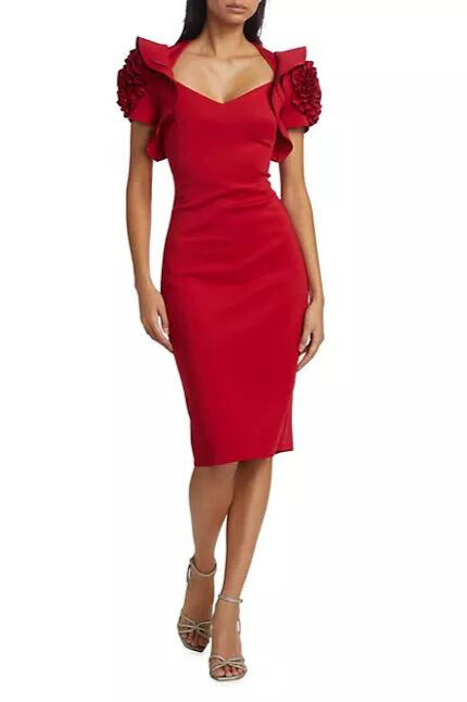 Badgley Mischka V-Neck Ruffled Rosette Sleeves Midi Sheath Dress-0