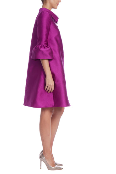 Badgley Mischka Crisp Collar Shirt Button Placket Quarter Sleeves Bell Cuffs Boxy Gazar A-Line Silhouette Dress-1