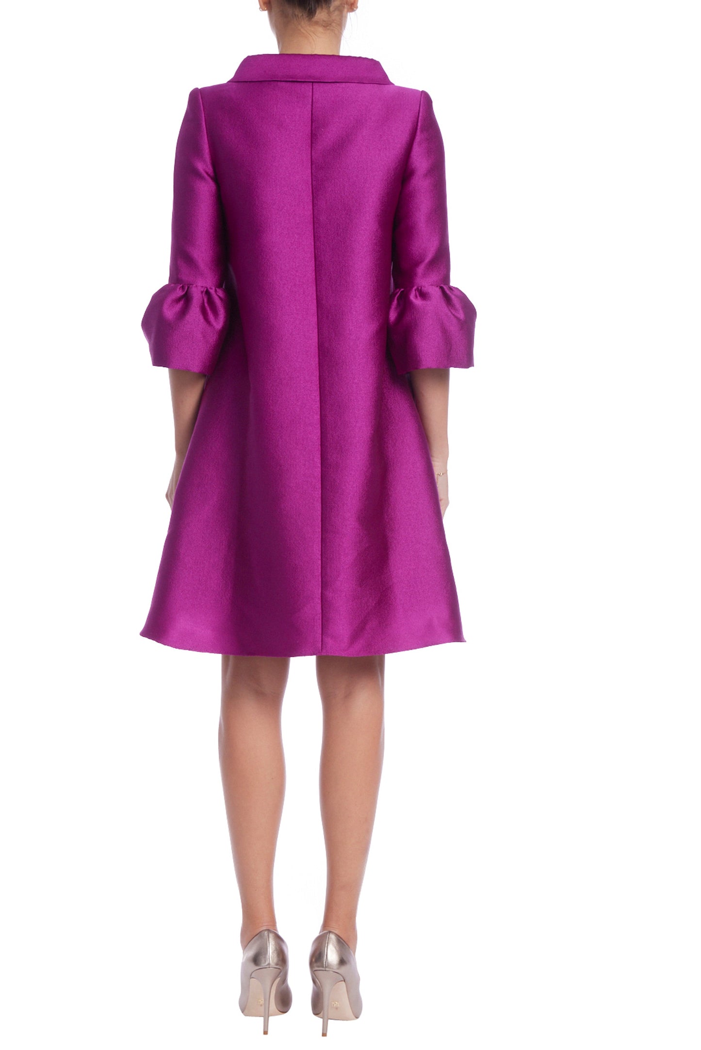Badgley Mischka Crisp Collar Shirt Button Placket Quarter Sleeves Bell Cuffs Boxy Gazar A-Line Silhouette Dress-2