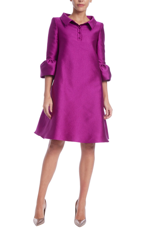 Badgley Mischka Crisp Collar Shirt Button Placket Quarter Sleeves Bell Cuffs Boxy Gazar A-Line Silhouette Dress-0