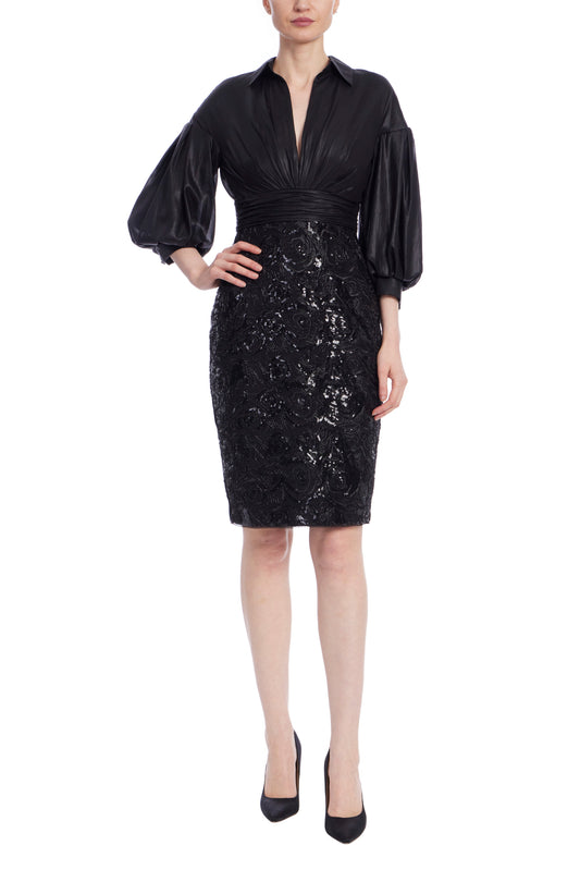 Badgley Mischka V-Neckline Billowy Chiffon Bodice Top Three-Quarter Balloon Sleeves Rosette Sequined Pencil Skirt Dress-0