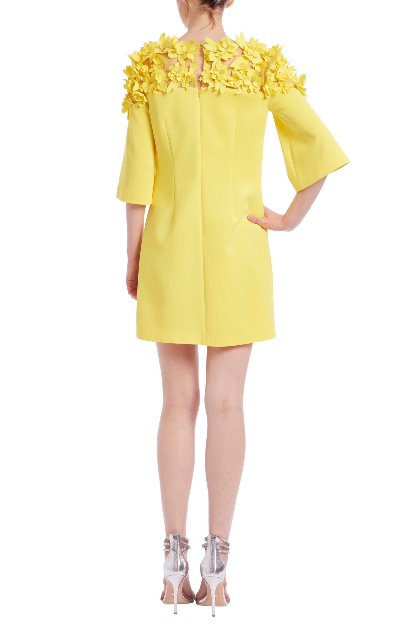 Badgley Mischka Flower Across Shoulder Elbow-Length Sleeves Above-The-Knee Hemline Shift Dress-2