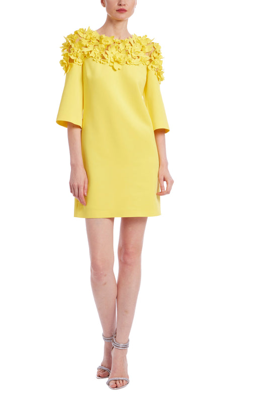 Badgley Mischka Flower Across Shoulder Elbow-Length Sleeves Above-The-Knee Hemline Shift Dress-0