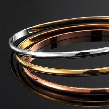18ct Heavy 925 Sterling Silver, Rose & Yellow Gold Plated 3 Tone Plain 3mm Triple Bangle Set - USA Made-1