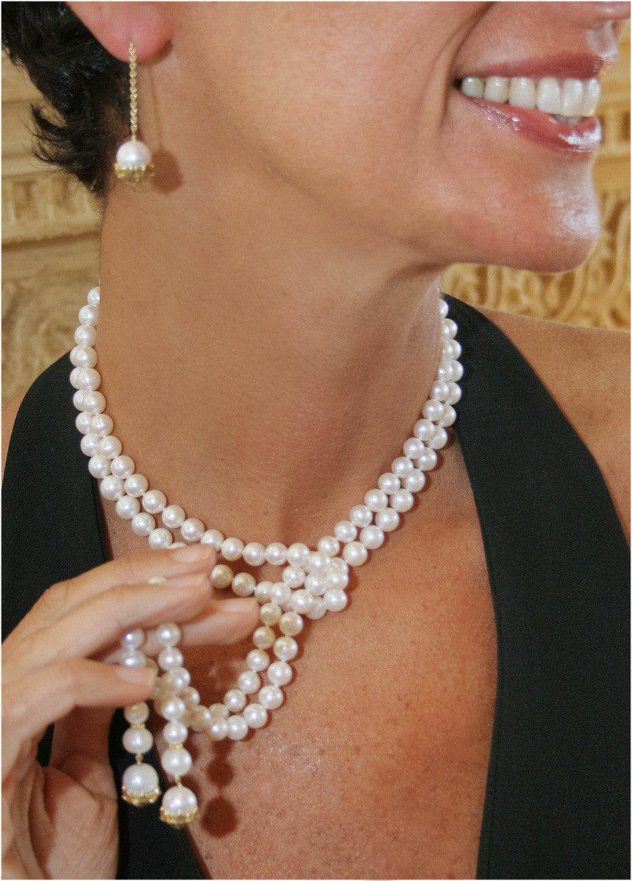 Pearl Lariat- Flower Cap tips in 18K Gold