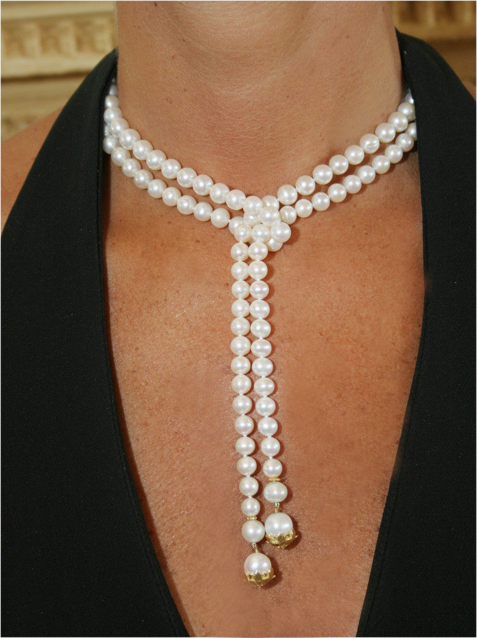 Pearl Lariat- Flower Cap tips in 18K Gold
