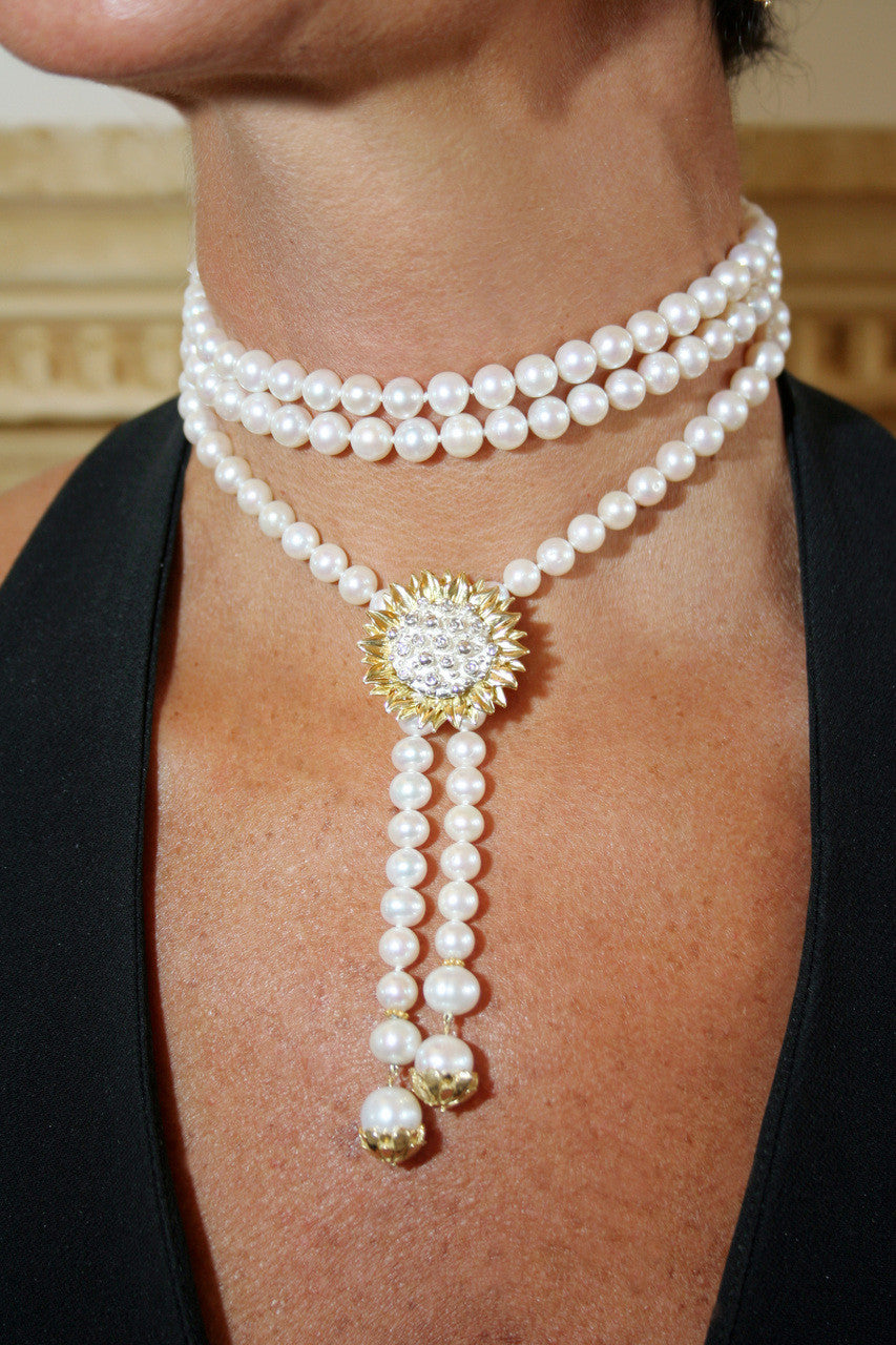 Pearl Lariat- Flower Cap tips in 18K Gold