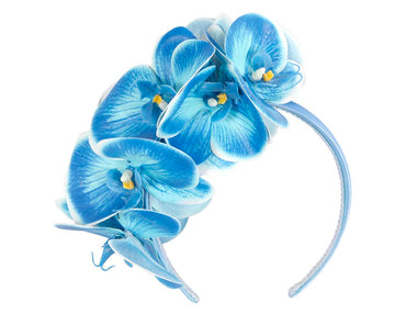 Bespoke blue orchid flower headband by Fillies Collection