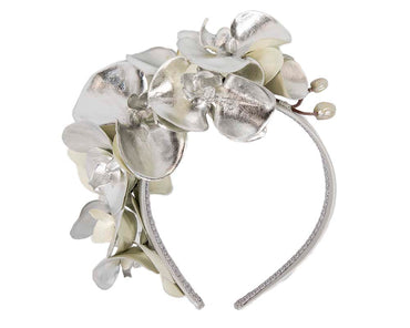 Bespoke leather silver orchid flower headband