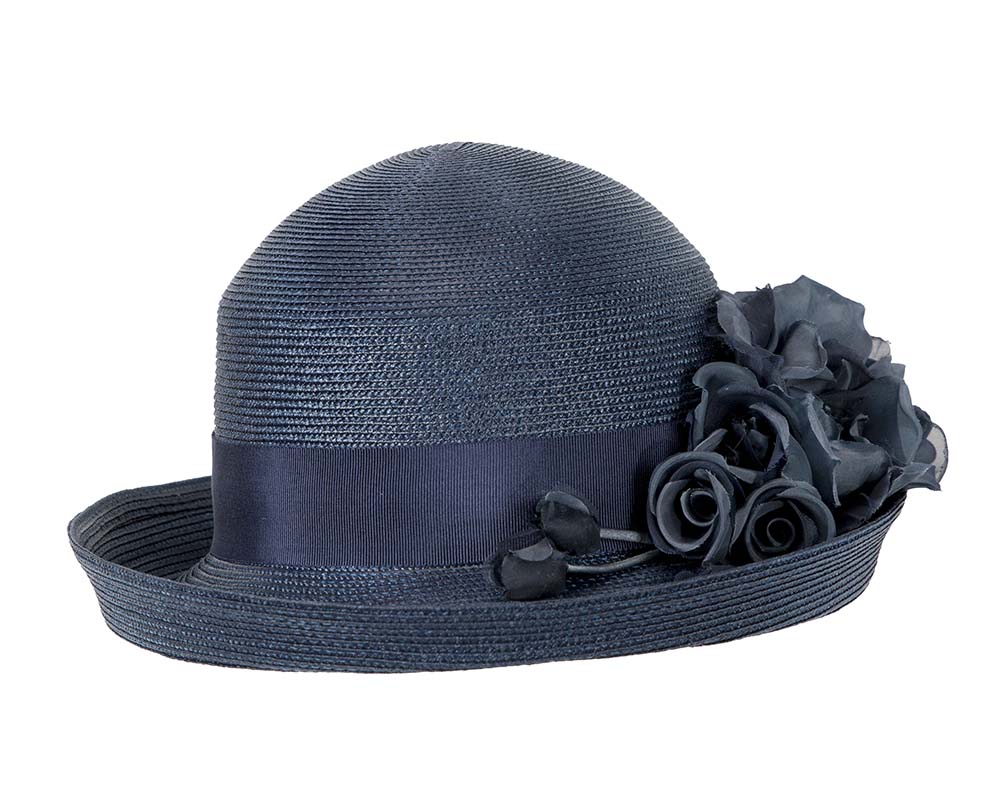 Navy hat with flower by Cupids Millinery
