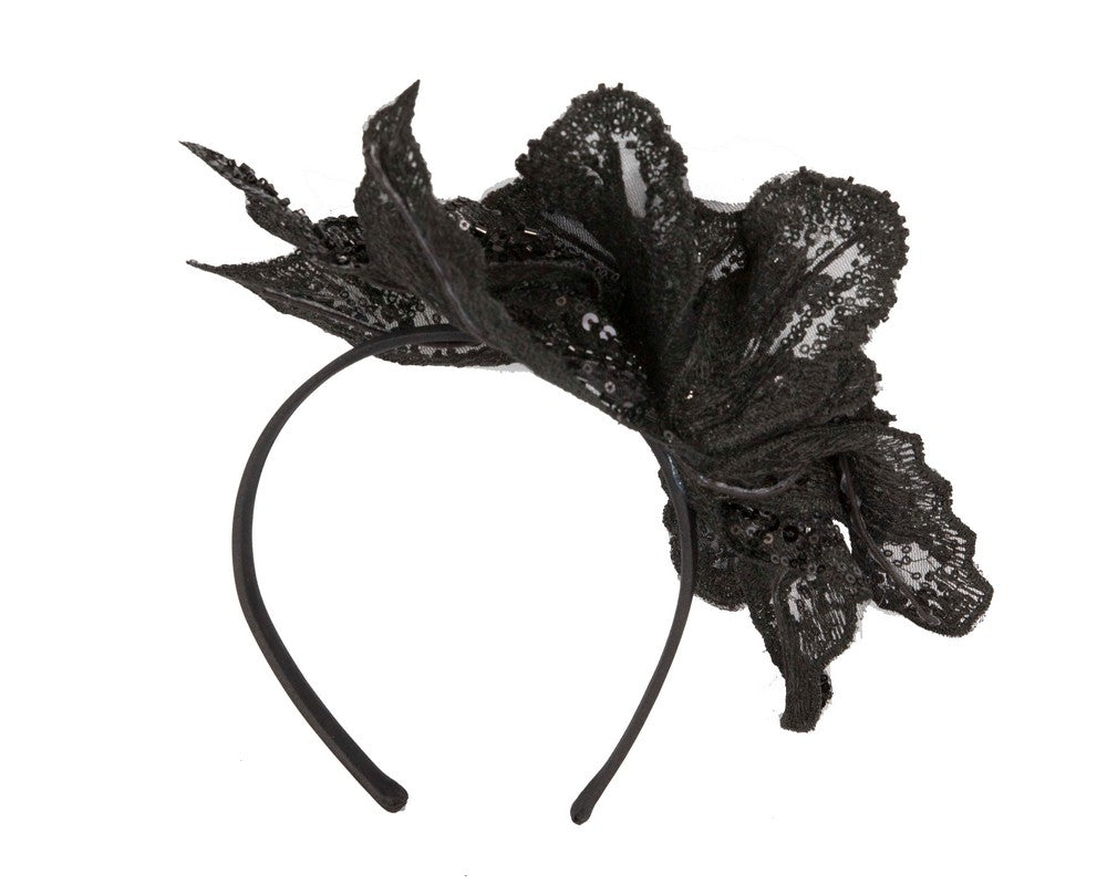 Shiny black lace fascinator by Cupids Millinery