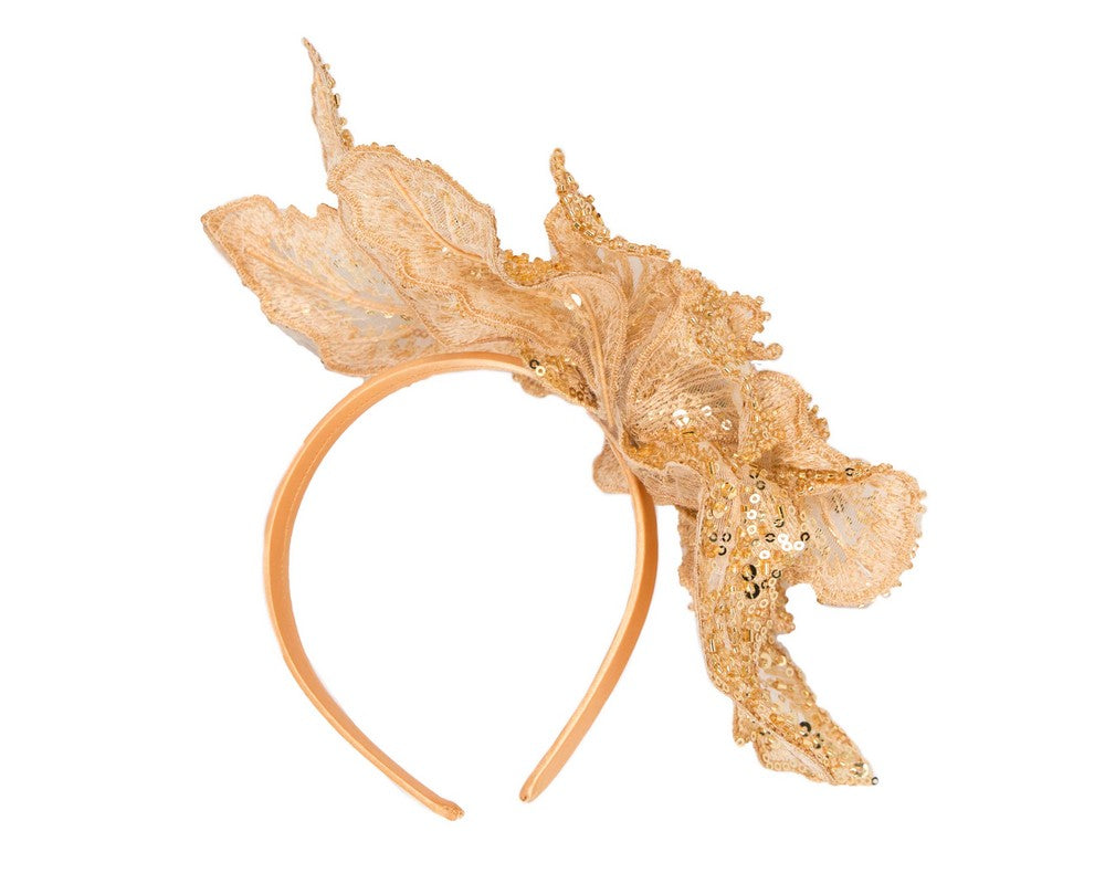 Shiny gold lace fascinator by Fillies Collection-3