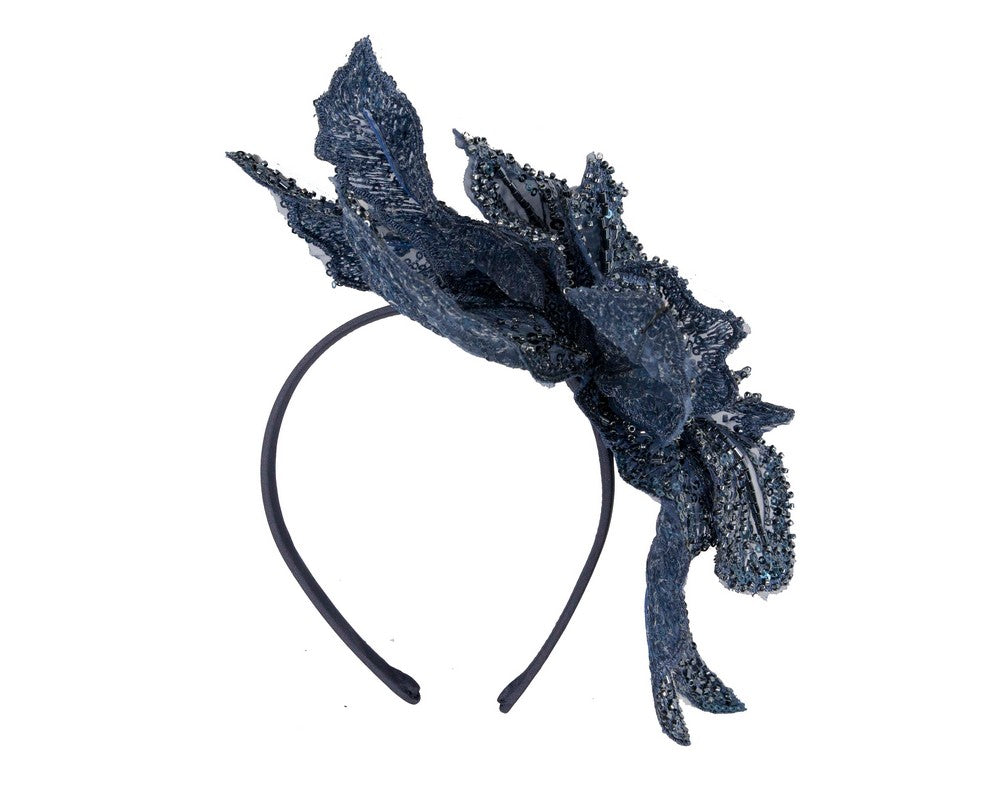 Shiny navy lace fascinator by Fillies Collection-3