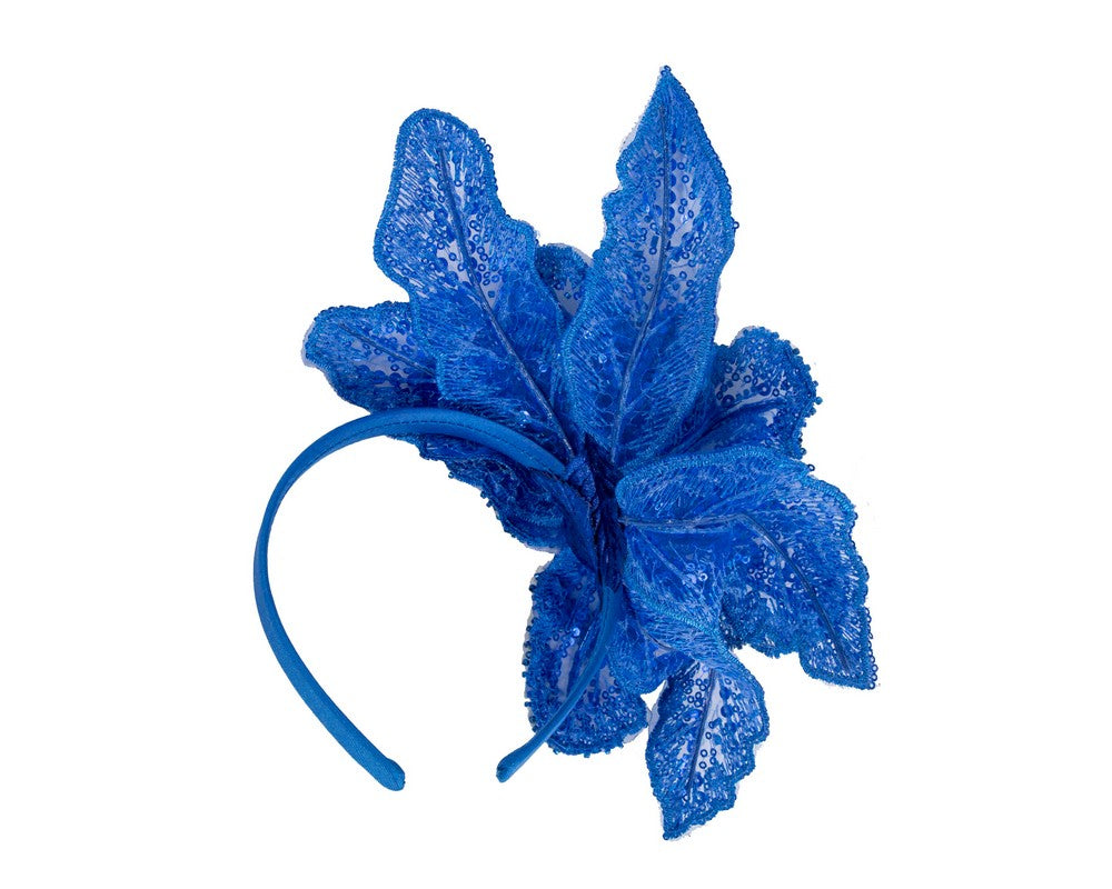 Shiny royal blue lace fascinator by Cupids Millinery