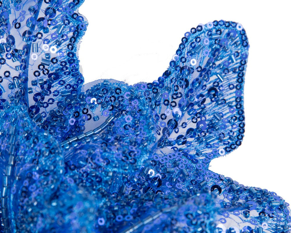 Shiny royal blue lace fascinator by Cupids Millinery