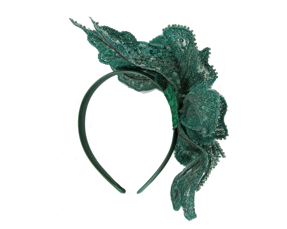 Shiny teal green lace fascinator by Cupids Millinery