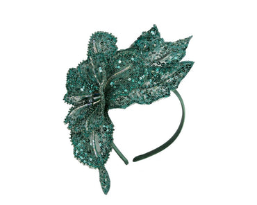 Shiny teal green lace fascinator by Cupids Millinery