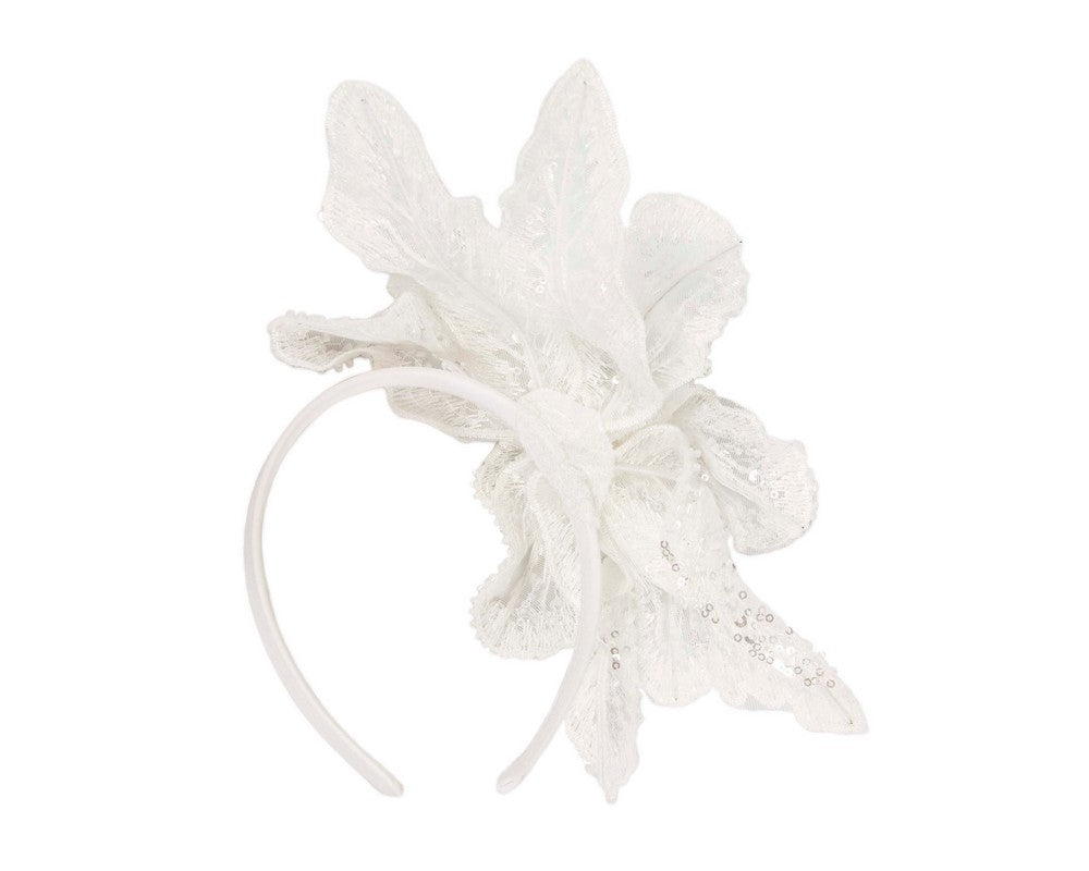 Shiny white lace fascinator by Cupids Millinery