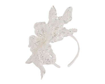 Shiny white lace fascinator by Cupids Millinery