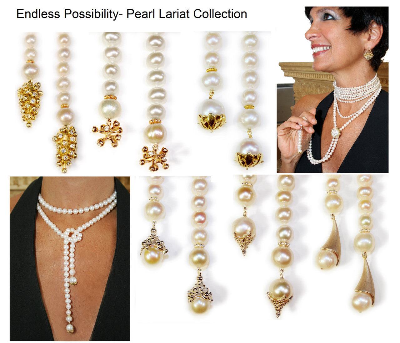 Pearl Lariat- Flower Cap tips in 18K Gold