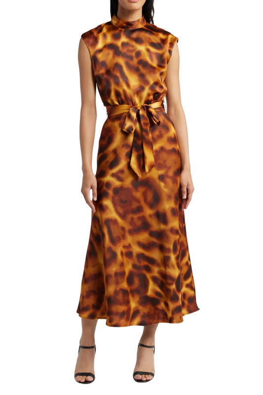 Tahari ASL Satin Print Sleeveless Mock Neck Midi Removable Tie Belt A-Line Dress-0