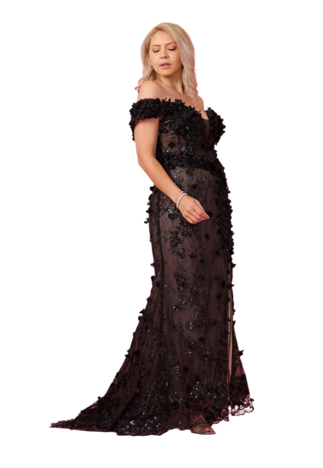 Dylan and Davids Full-Length Formal Gown Off the Shoulder 3D Floral Corset-Style Dress-2