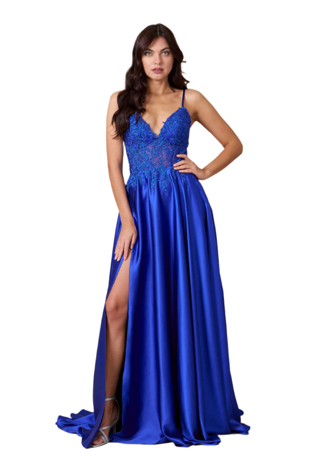 Kos Couture Full-Length Chiffon Lace Illusion Formal Gown Prom Dress-6