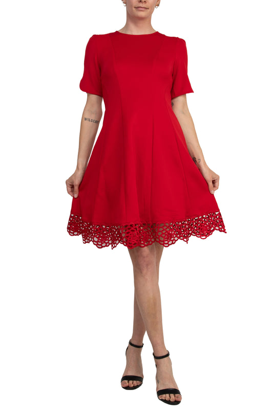 Donna Ricco Crew Neck Short Sleeve Crochet Trim Flare Dress-0