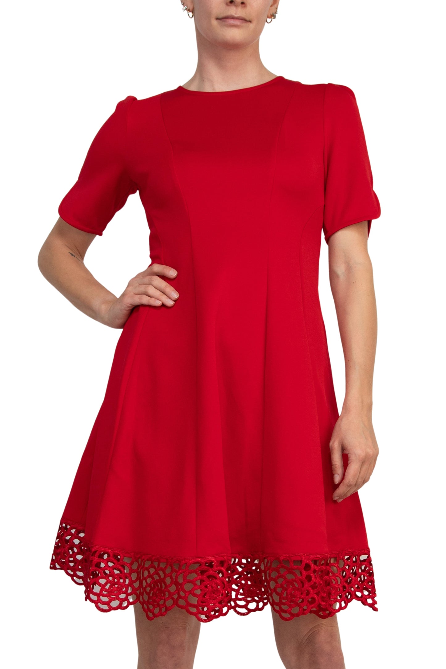 Donna Ricco Crew Neck Short Sleeve Crochet Trim Flare Dress-4