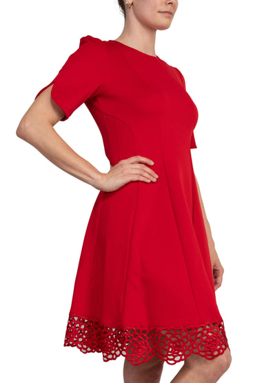 Donna Ricco Crew Neck Short Sleeve Crochet Trim Flare Dress-1