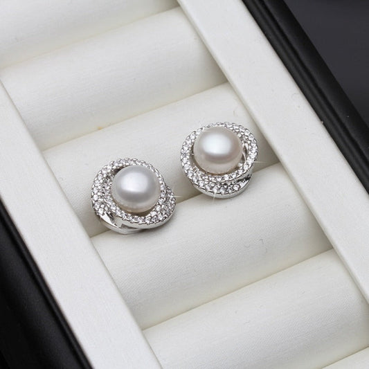 Genuine Simulated Diamond & Freshwater Pearl Swirl Stud Earrings-0