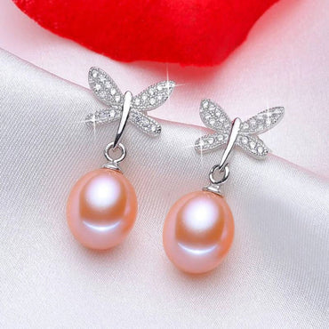 Stunning Simulated Diamond Freshwater Pearl Butterfly Stud Earrings-1