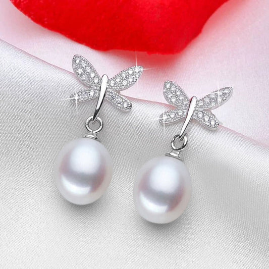 Stunning Simulated Diamond Freshwater Pearl Butterfly Stud Earrings-0