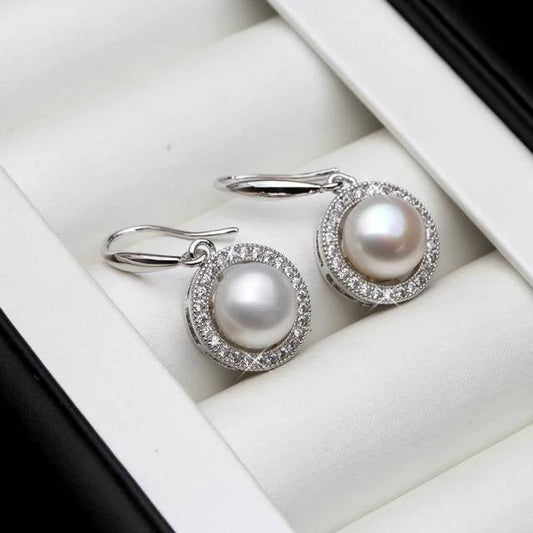 Stunning Royal Simulated Diamond Freshwater Pearl Drop Earrings-0
