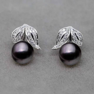 Genuine Freshwater Pearl and Simulated Diamond Leaf Stud Earrings-1