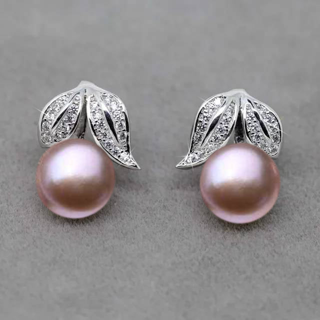 Genuine Freshwater Pearl and Simulated Diamond Leaf Stud Earrings-8