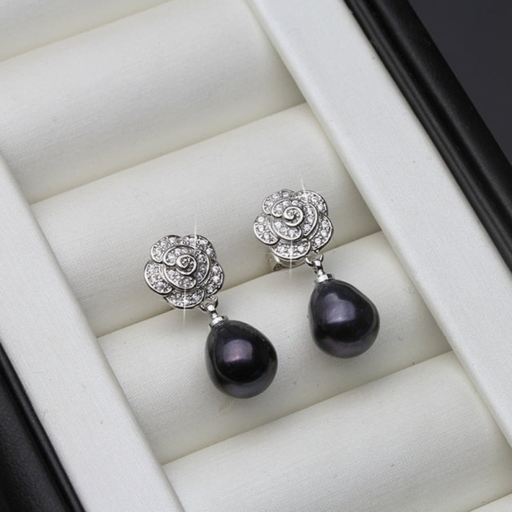 Genuine Freshwater Pearl & Simulated Diamond Floral Drop Earrings-0