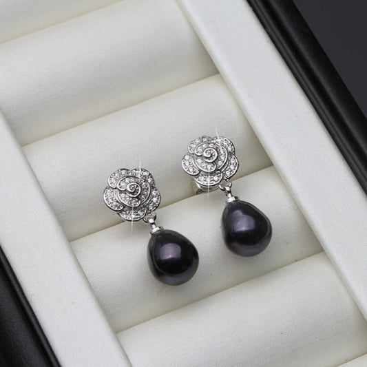 Genuine Freshwater Pearl & Simulated Diamond Floral Drop Earrings-0