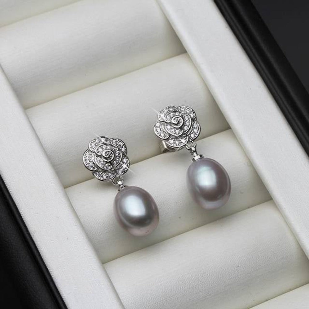 Genuine Freshwater Pearl & Simulated Diamond Floral Drop Earrings-1