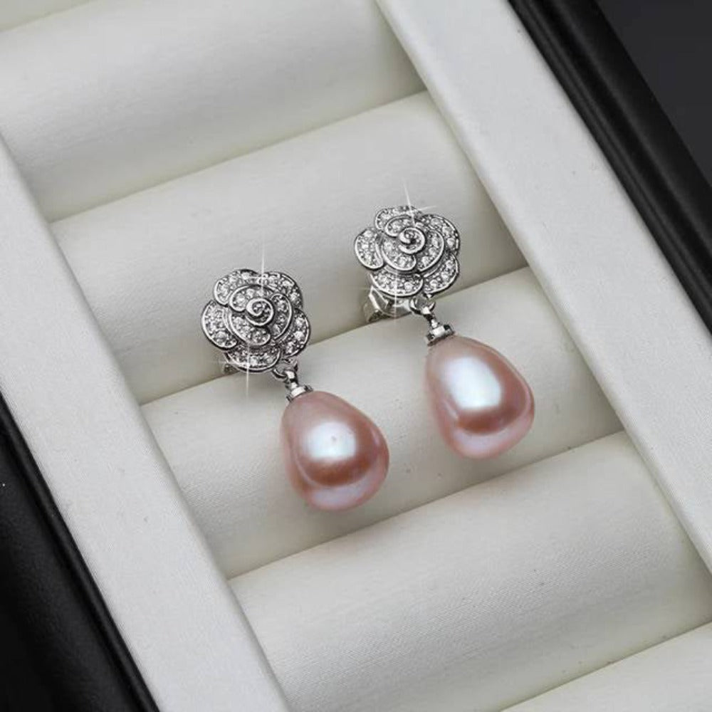 Genuine Freshwater Pearl & Simulated Diamond Floral Drop Earrings-3