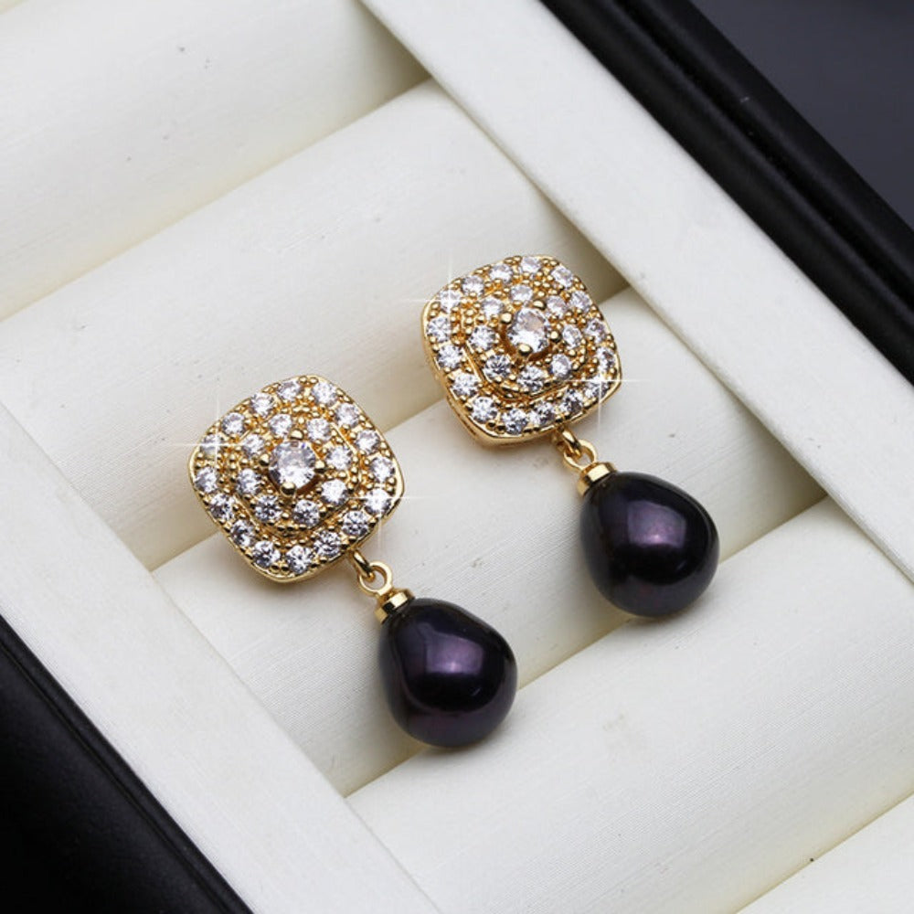 Genuine Freshwater Pearl & Simulated Diamond Drop Earrings in Gold-1