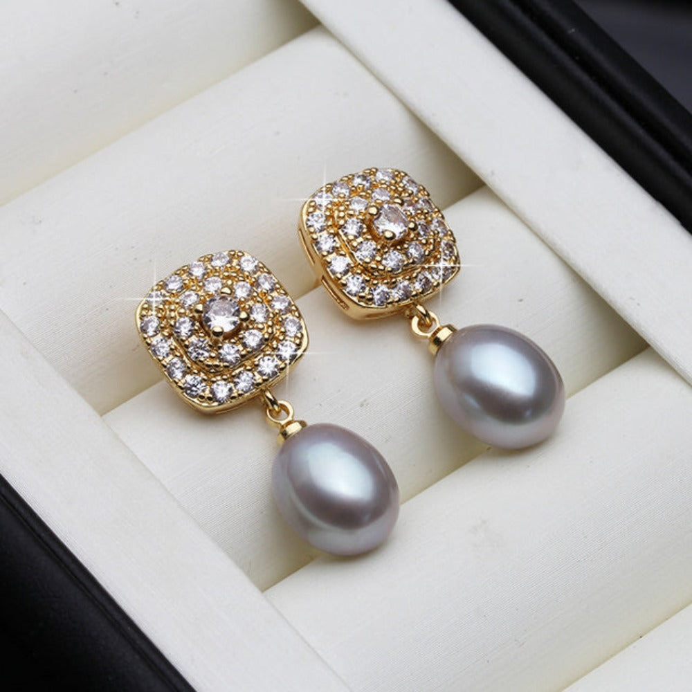 Genuine Freshwater Pearl & Simulated Diamond Drop Earrings in Gold-4