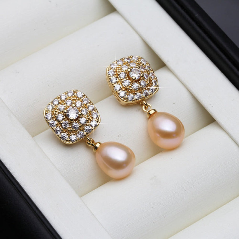 Genuine Freshwater Pearl & Simulated Diamond Drop Earrings in Gold-3