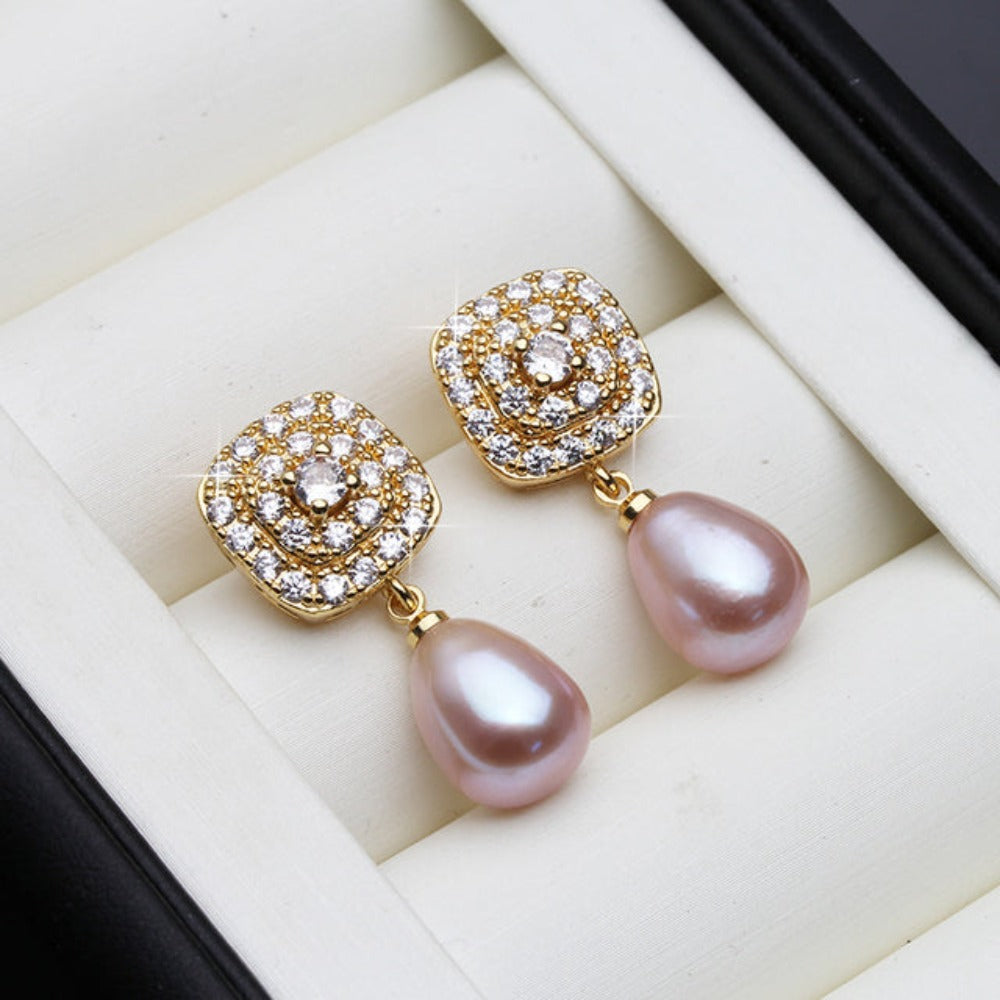 Genuine Freshwater Pearl & Simulated Diamond Drop Earrings in Gold-2