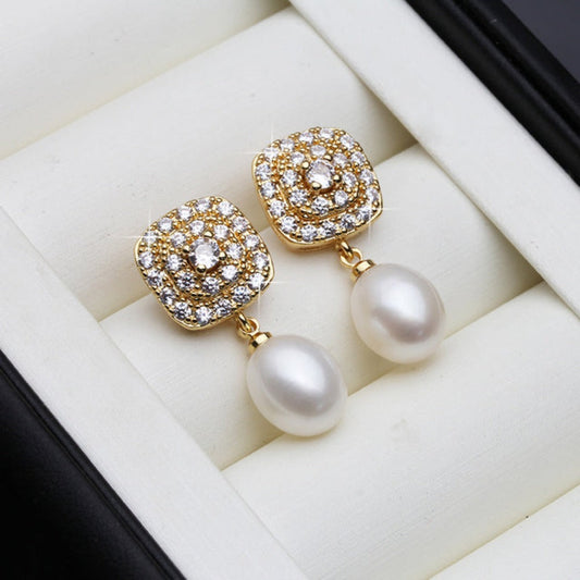 Genuine Freshwater Pearl & Simulated Diamond Drop Earrings in Gold-0