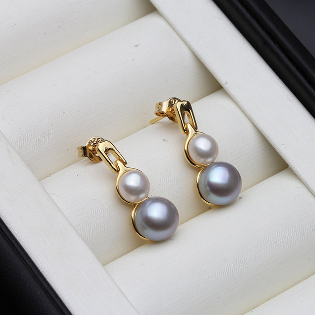 Genuine Freshwater Pearl Double Drop Earrings in Gold-2