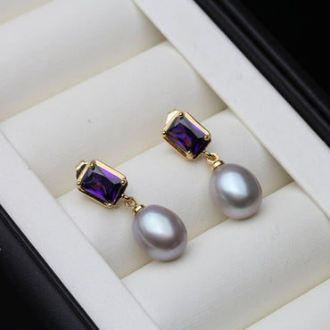 Genuine Freshwater Pearl Purple Rectangular Drop Earrings-1