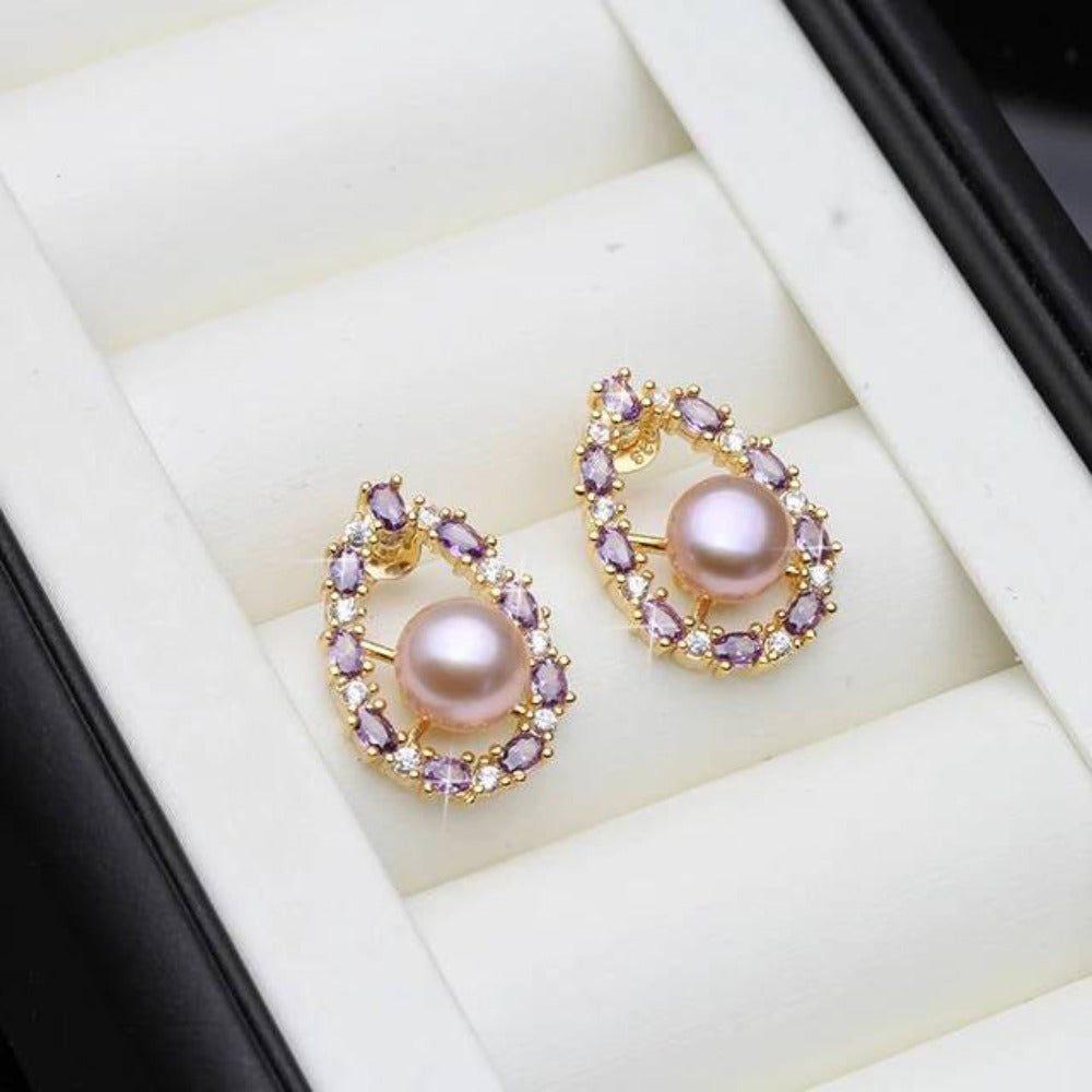 Designer Genuine Freshwater Pearl & Purple Simulated Diamond Stud Oval Earrings-3