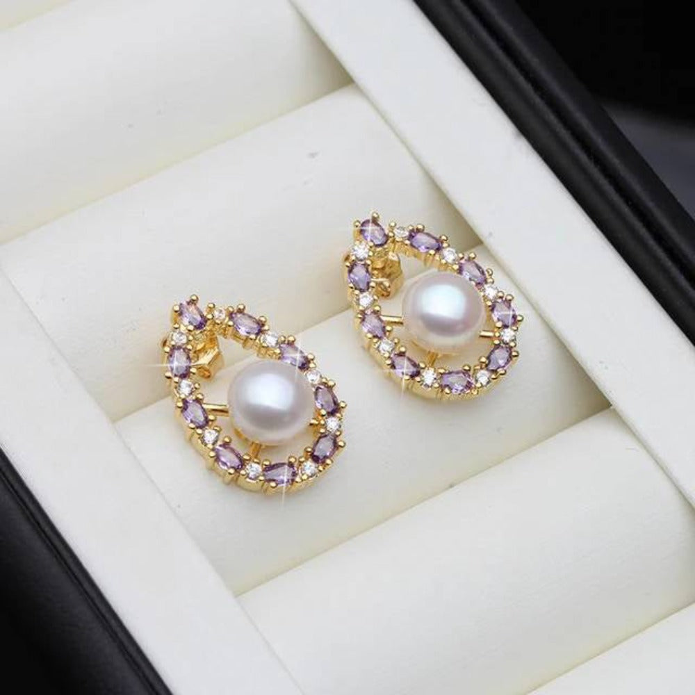 Designer Genuine Freshwater Pearl & Purple Simulated Diamond Stud Oval Earrings-1